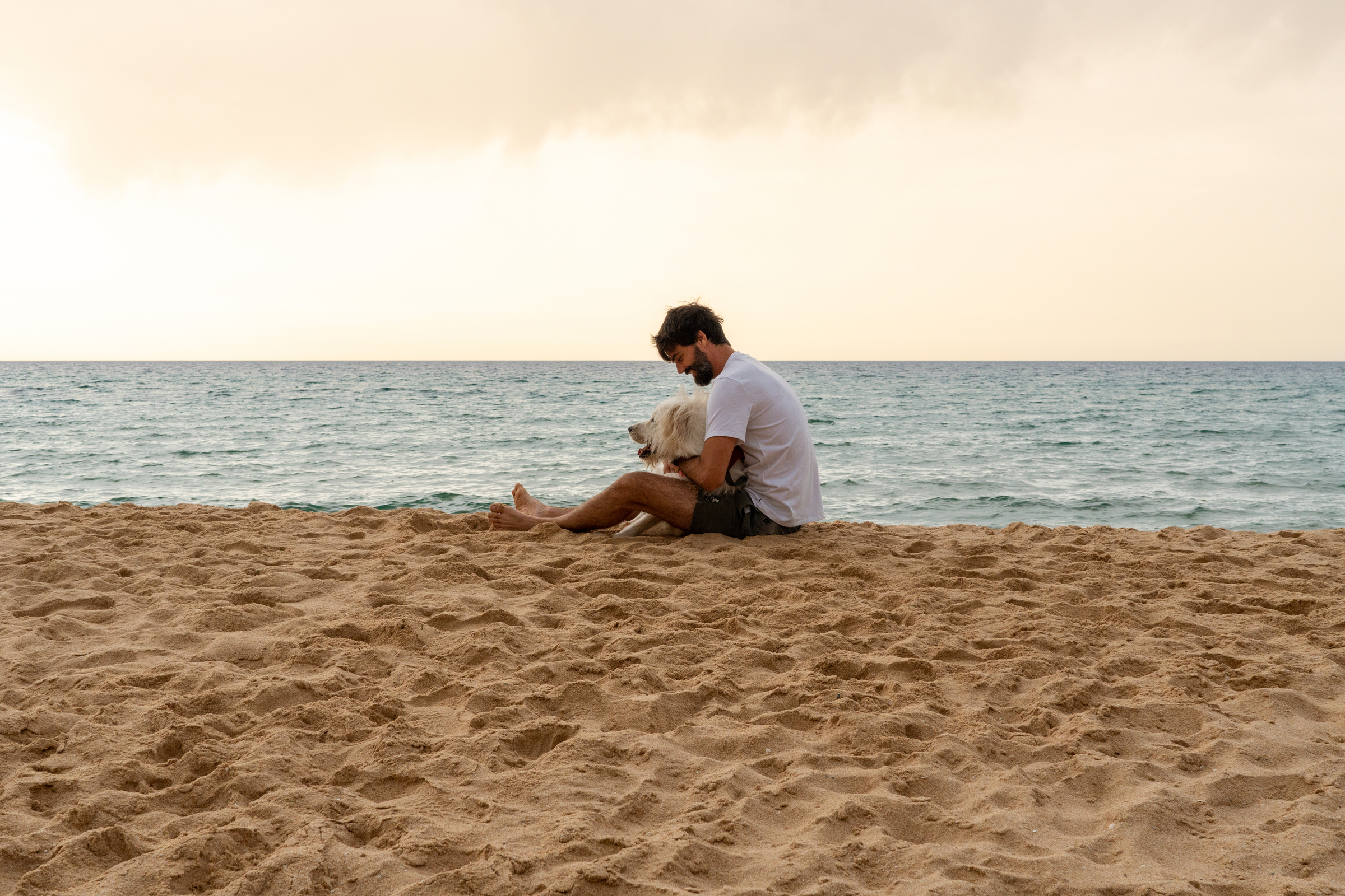 Man Embracing His Dog at the Beach